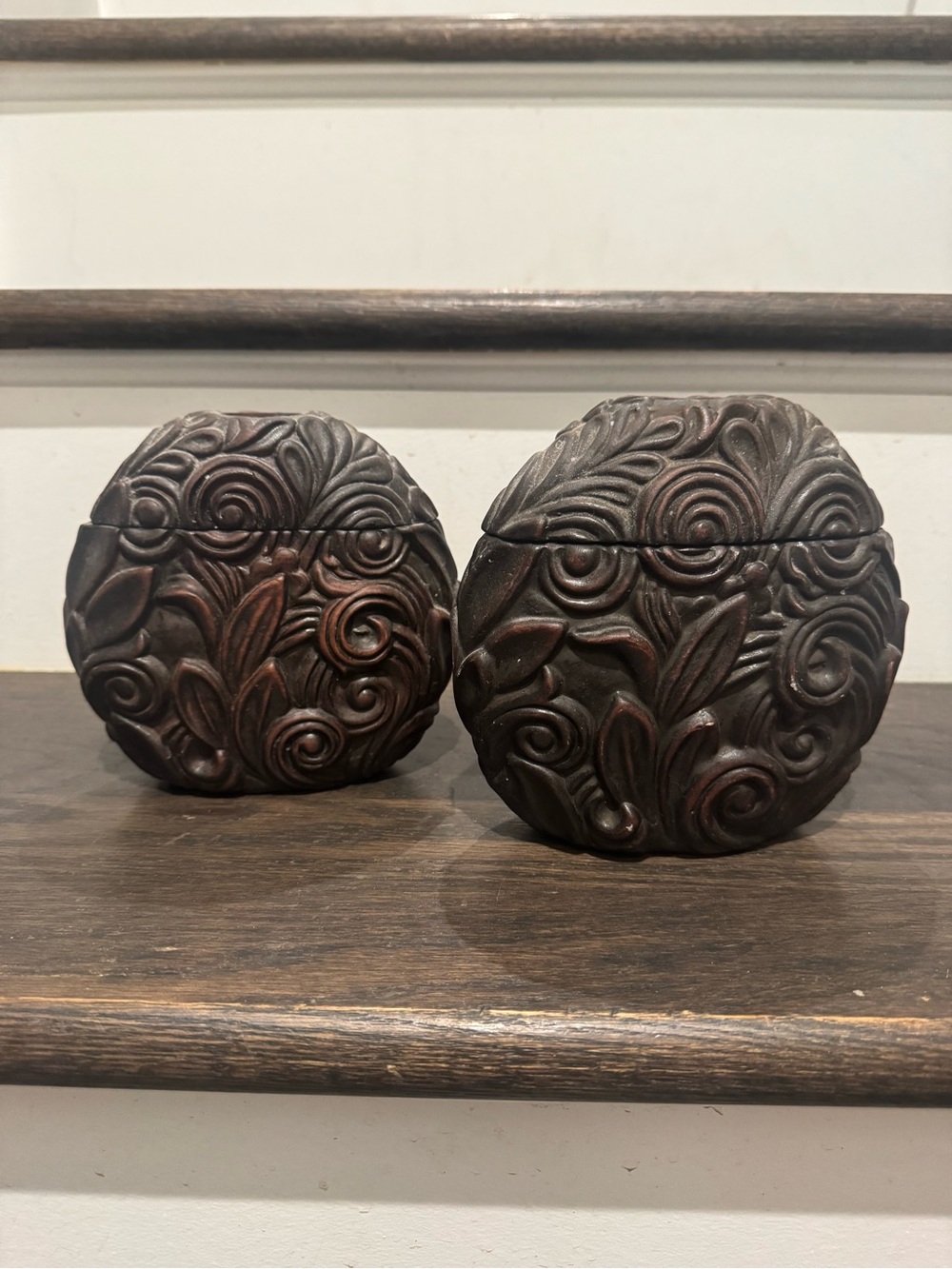 PartyLite Carved Floral Round Decorative Candle Holders — Dark Brown